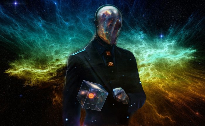 Man with galaxy head holding a cube of the universe