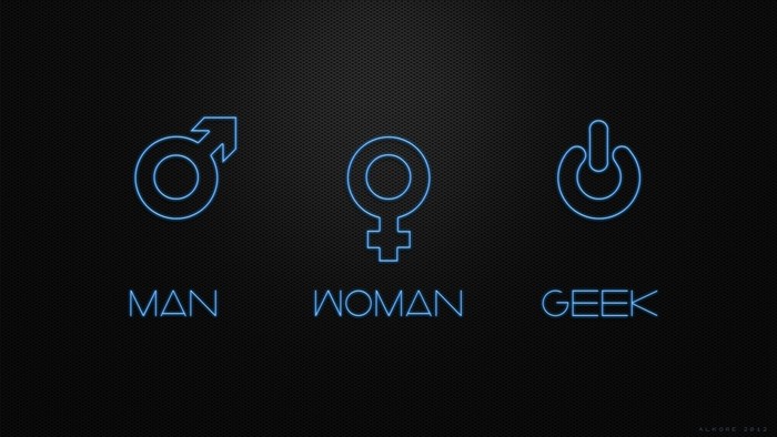 Man, Woman, Geek symbols with text
