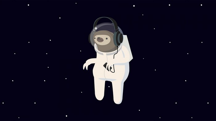 Sloth in astronaut suit listening to music in space
