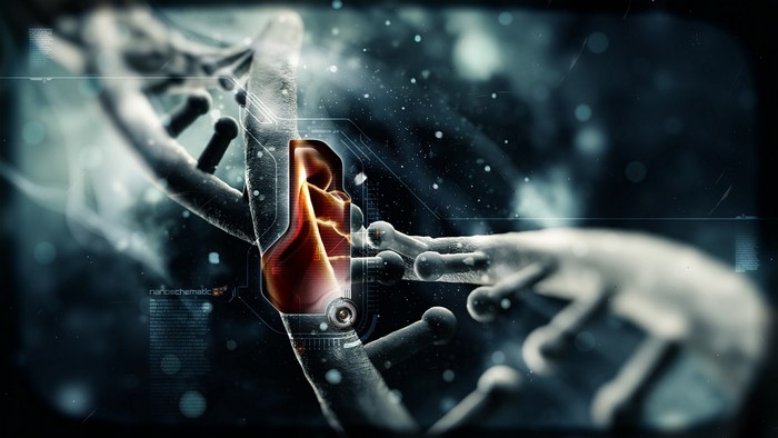 Close-up of a DNA strand with futuristic interface