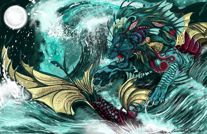 Mythological creature in stormy ocean waves