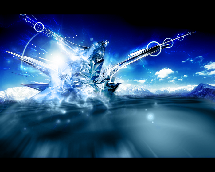 Abstract ice sculpture with lightning over a mountain landscape