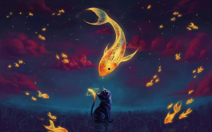 Cat looking at a giant glowing fish in the night sky