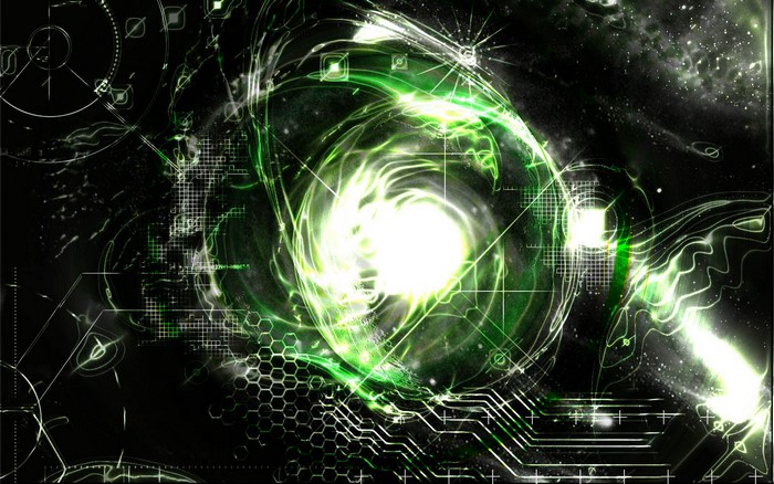 Abstract green swirling light in darkness