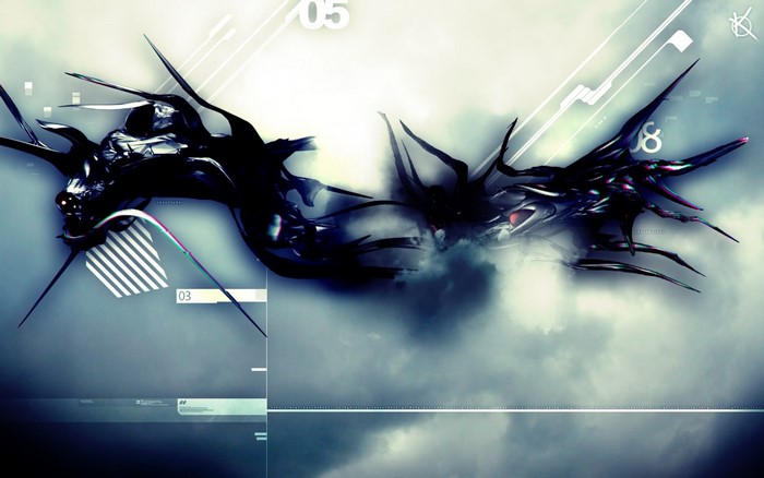 Abstract digital art with dark metallic shapes
