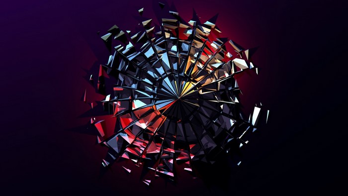 Abstract shattered glass circle with red and blue light