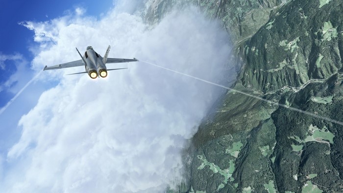 Fighter jet flying over mountains and clouds