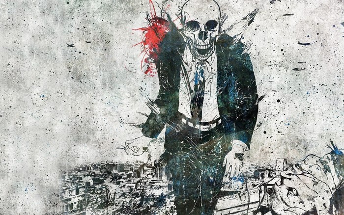Skull in a suit amidst urban destruction