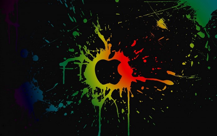 Apple logo with colorful paint splatters on black background