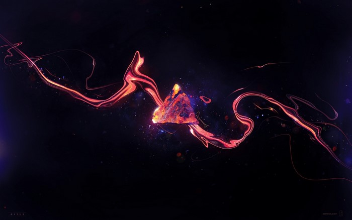 Abstract digital art with colorful light trails and a central geometric shape