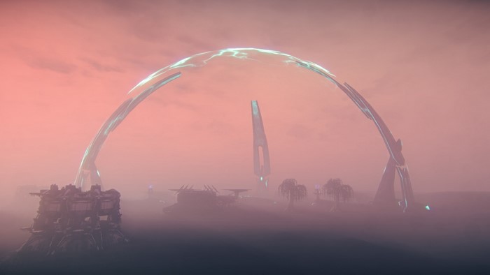 Sci-fi landscape with energy arch and structures