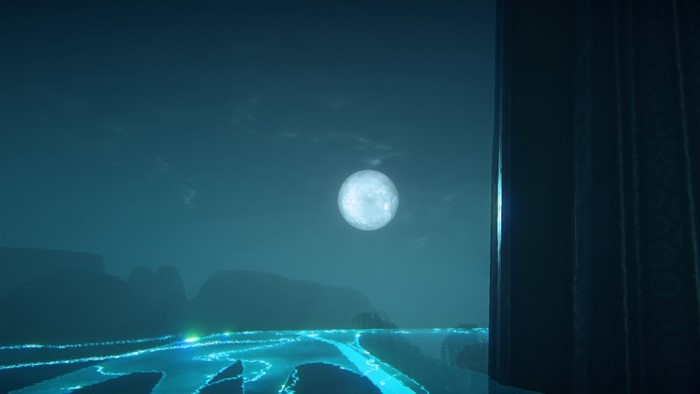 Moonlit landscape with glowing rivers and monolith