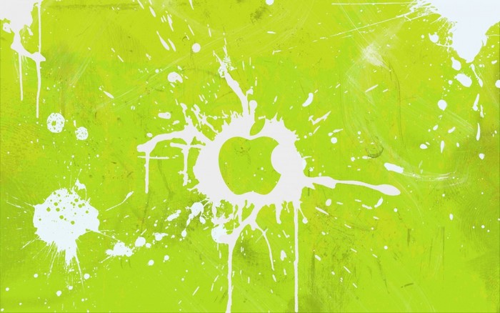 Apple logo with white paint splatter on green background