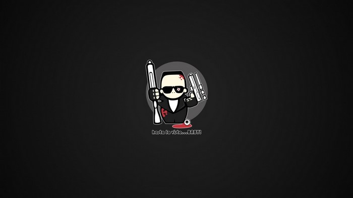 Minimalist illustration of Terminator with guns and text