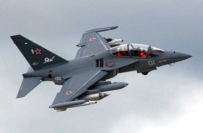 Yak-130 military jet aircraft in flight