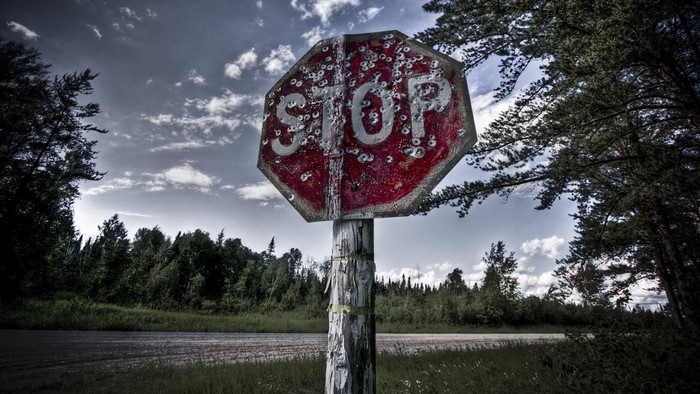 Bullet-ridden stop sign in a forest landscape