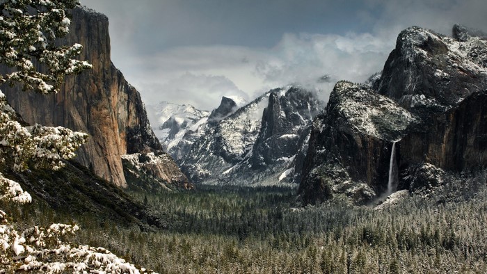Snowy Yosemite Valley with El Capitan and Bridalveil Fall