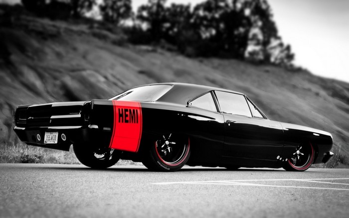 Black Dodge Charger with red HEMI stripe