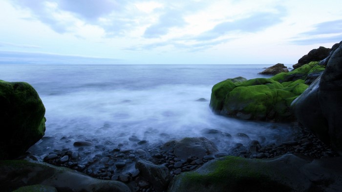 Mossy rocks on a rocky shore with the ocean and clouds