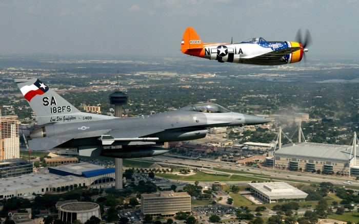 F-16 Fighting Falcon and P-47 Thunderbolt over San Antonio