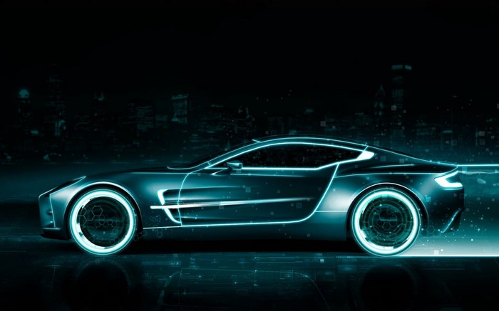 Futuristic Tron-style sports car with glowing blue lines