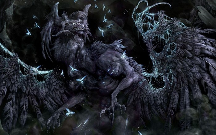 Dark fantasy creature with wings and glowing butterflies