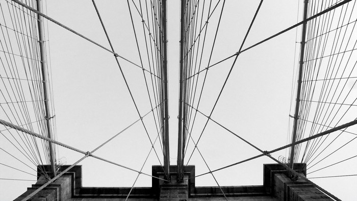 Brooklyn Bridge cables and towers, black and white