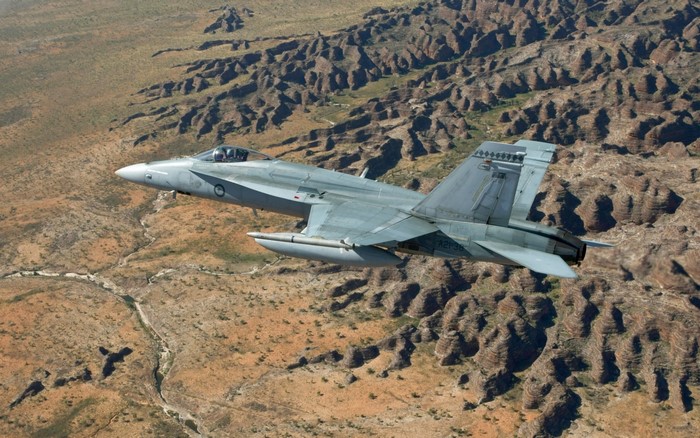 Royal Australian Air Force F/A-18 Hornet flying over Bungle Bungle Range