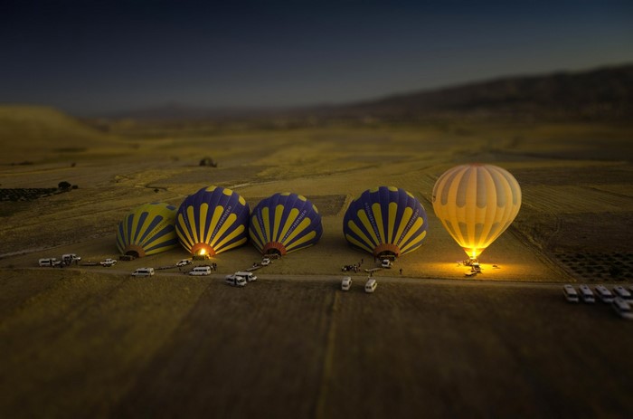 Hot Air Balloons Preparing for Night Flight