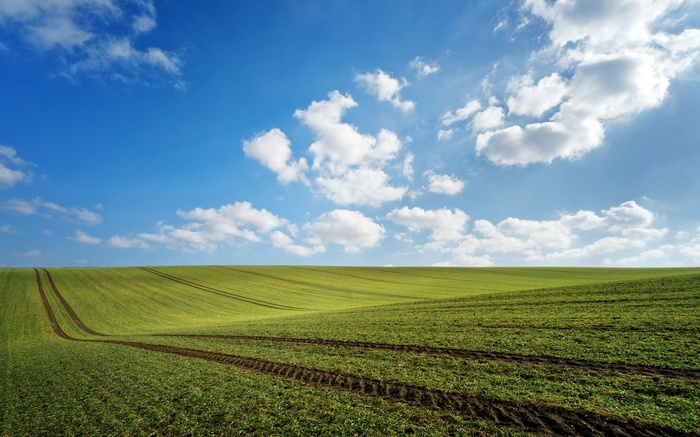 Green rolling hills under a blue sky with clouds