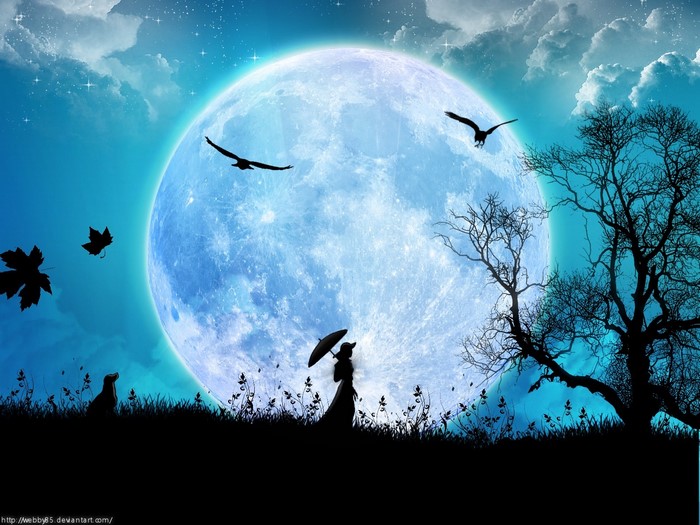 Silhouette of a girl with an umbrella under a large moon
