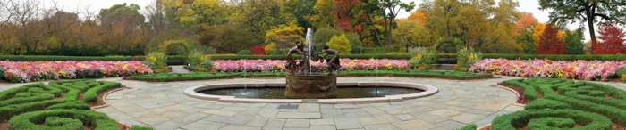 Botanical Garden with Fountain and Colorful Flowers