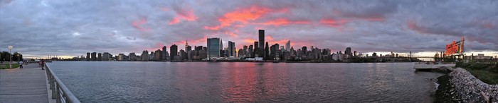 New York City skyline panorama at sunset over the water