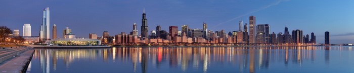 Chicago skyline panorama at dusk with reflections