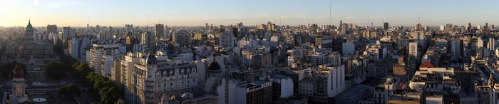 Panoramic cityscape of a dense metropolis at sunset
