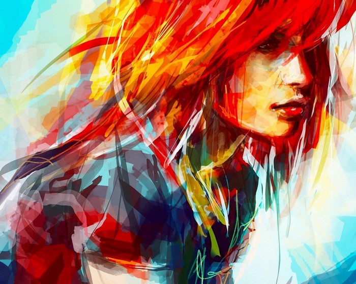 Abstract painting of a woman with red hair