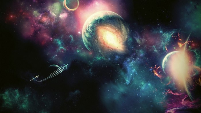 Colorful galaxy with planets and spaceship