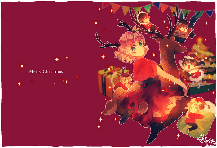 Christmas illustration with anime characters and reindeer