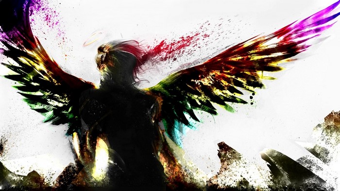 Digital art of an angel with colorful wings
