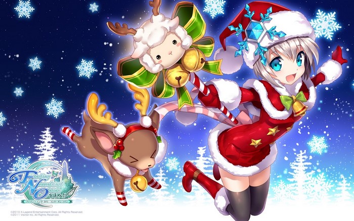 Anime girl in Santa costume with reindeer and sheep