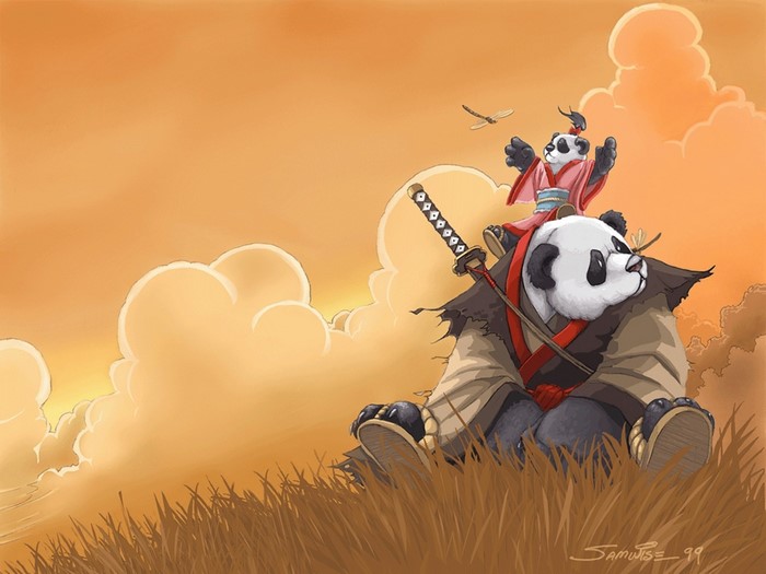 Two pandas, one a warrior with a sword, the other a child, sit in a field at sunset.