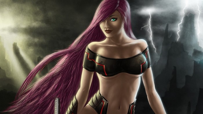 Fantasy art of a woman with purple hair and a sword