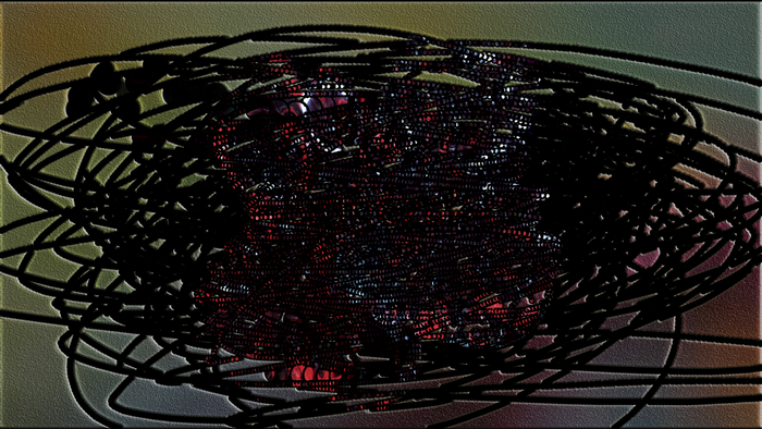 Abstract art with circular patterns and black scribbles