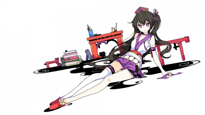 Himekaidou Hatate from Touhou sitting with books and shrine gates