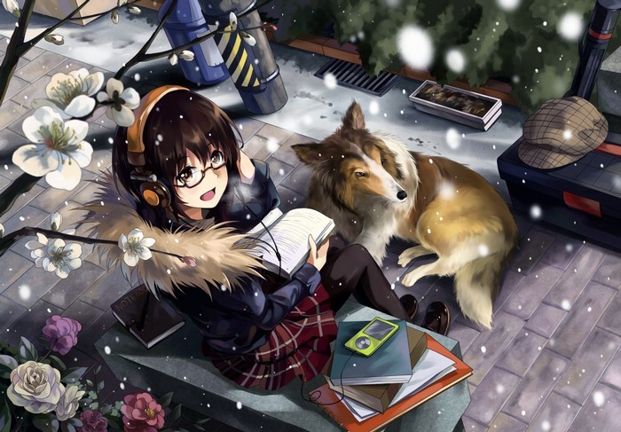 Anime girl with headphones reading a book with a dog