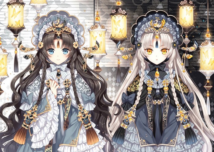 Two anime girls with elaborate costumes and braids