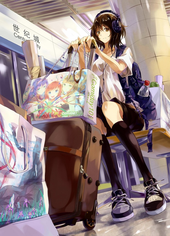 Anime girl with headphones and luggage at station