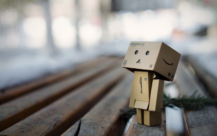 Danbo Amazon robot on a wooden bench