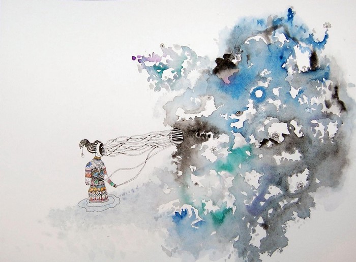 Surreal watercolor illustration of a person with flowing hair