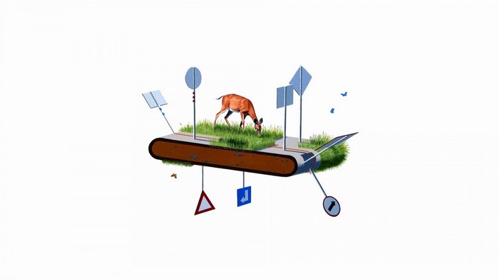 Deer grazing on a floating island with road signs
